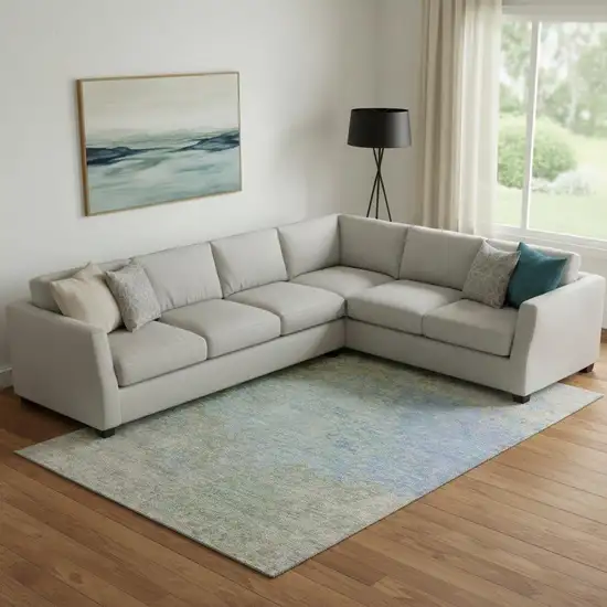 Sky Blue Fern Green And Beige Abstract Washable Area Rug With UV Protection Photo 2