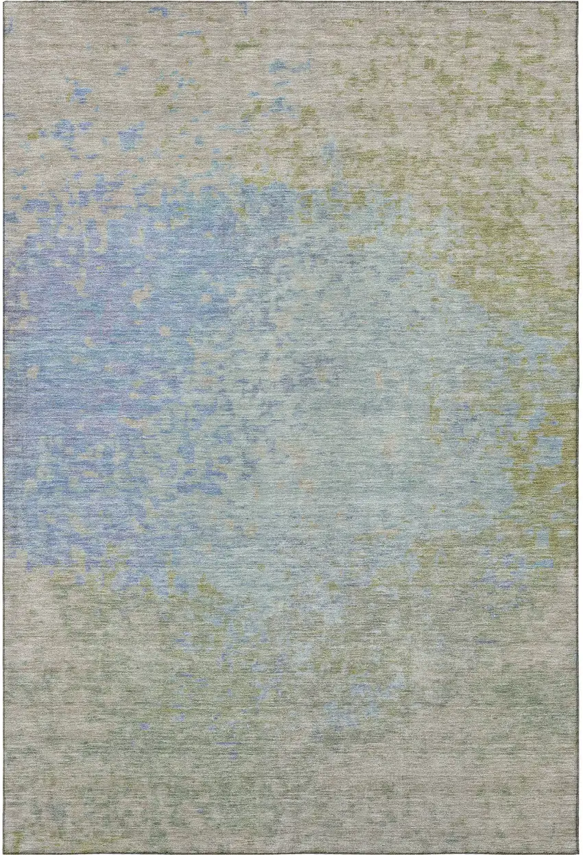 Sky Blue Fern Green And Beige Abstract Washable Area Rug With UV Protection Photo 3
