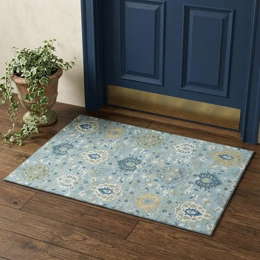 Sky Blue Gold And Gray Damask Washable Area Rug With UV Protection Photo 1