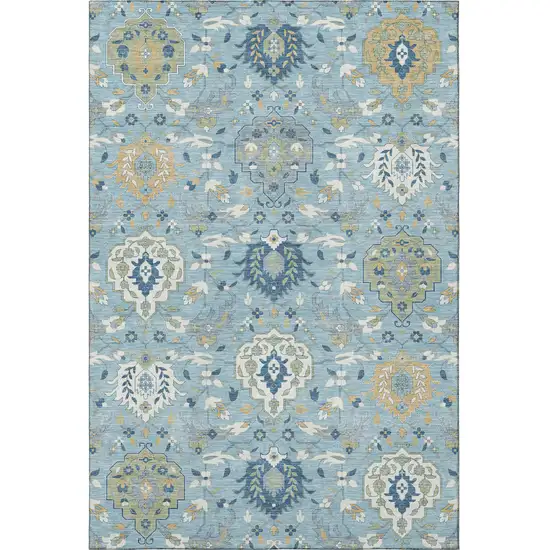 Sky Blue Gold And Gray Damask Washable Area Rug With UV Protection Photo 3