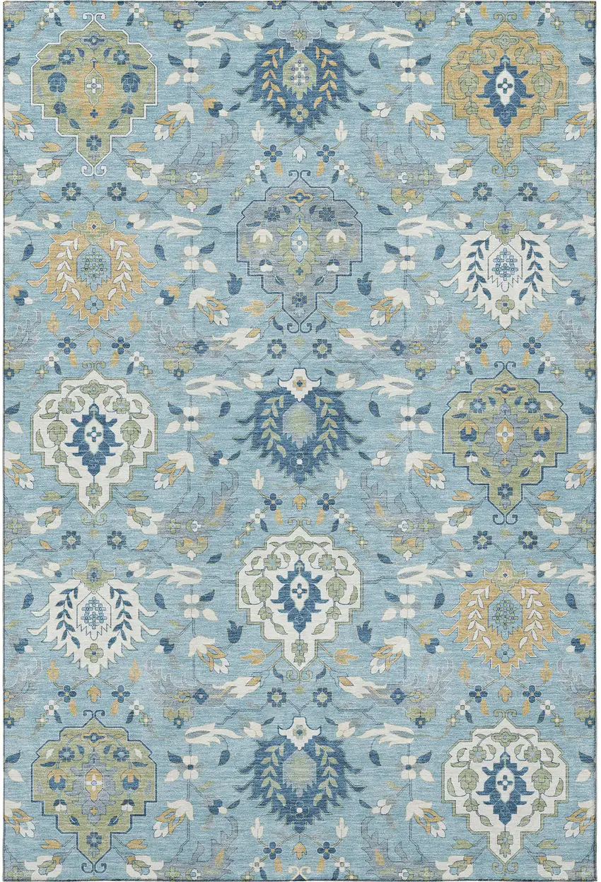 Sky Blue Gold And Gray Damask Washable Area Rug With UV Protection Photo 3