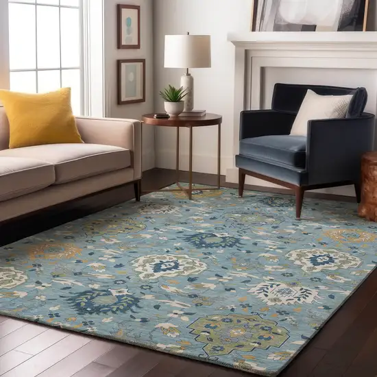 Sky Blue Gold And Gray Damask Washable Area Rug With UV Protection Photo 4
