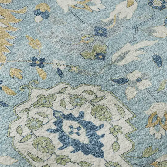 Sky Blue Gold And Gray Damask Washable Area Rug With UV Protection Photo 9