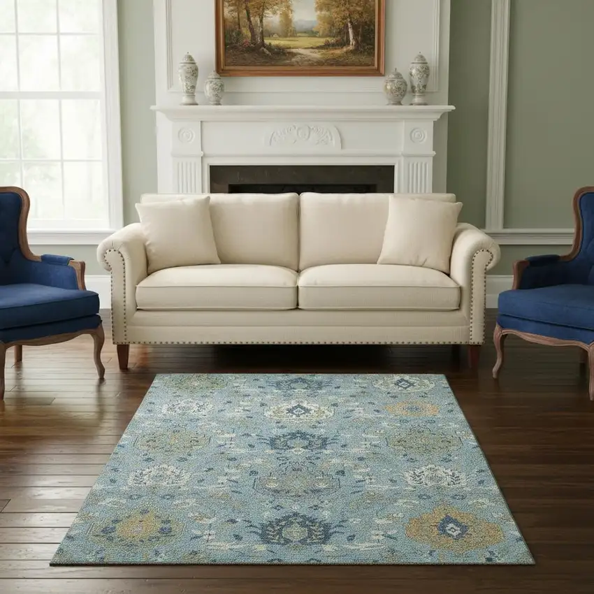 Sky Blue Gold And Gray Damask Washable Area Rug With UV Protection Photo 2