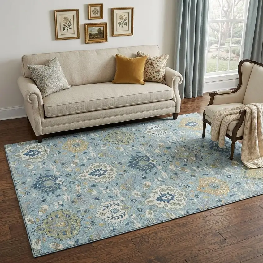 Sky Blue Gold And Gray Damask Washable Area Rug With UV Protection Photo 1