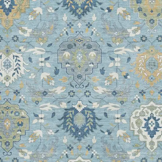 Sky Blue Gold And Gray Damask Washable Area Rug With UV Protection Photo 2