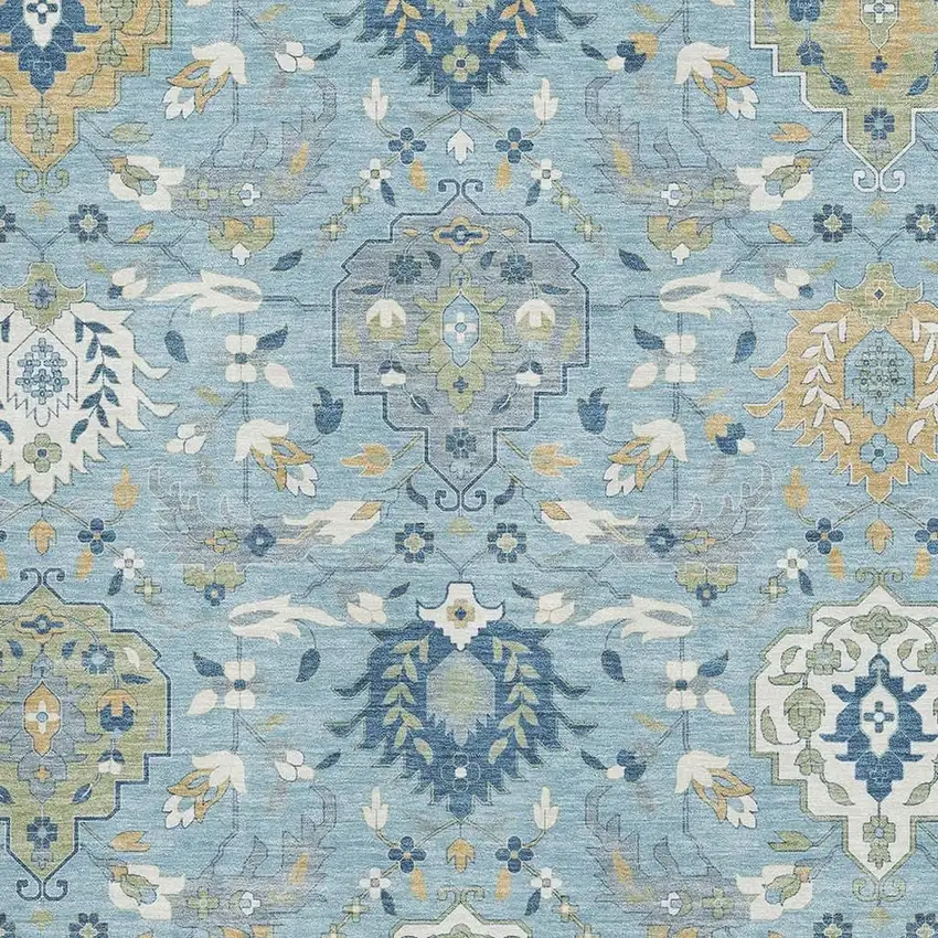 Sky Blue Gold And Gray Damask Washable Area Rug With UV Protection Photo 2