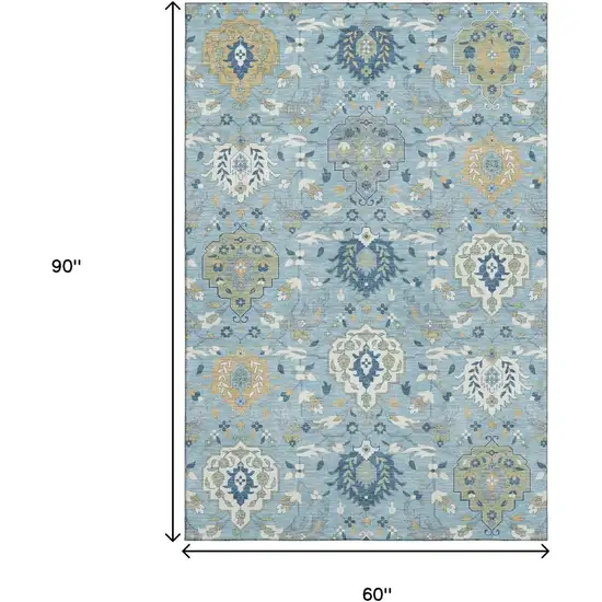 Sky Blue Gold And Gray Damask Washable Area Rug With UV Protection Photo 8