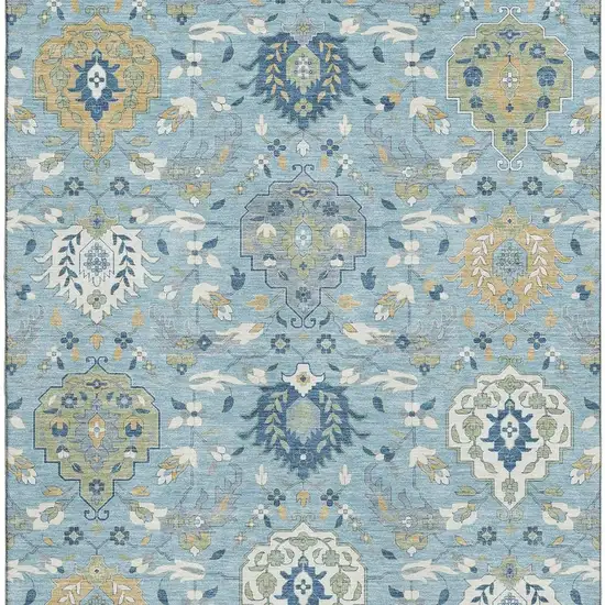 Sky Blue Gold And Gray Damask Washable Area Rug With UV Protection Photo 3