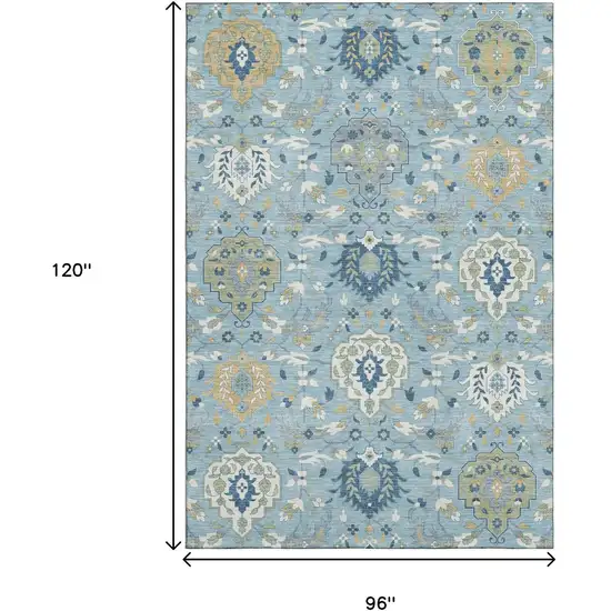 Sky Blue Gold And Gray Damask Washable Area Rug With UV Protection Photo 8