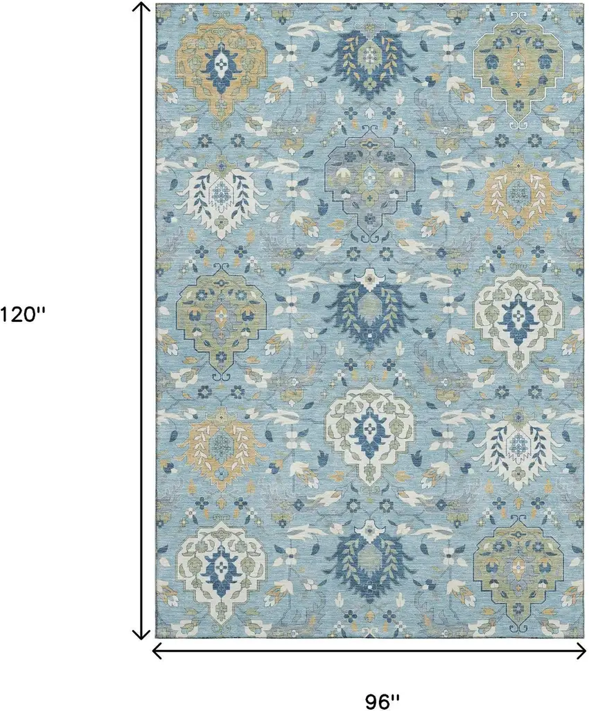 Sky Blue Gold And Gray Damask Washable Area Rug With UV Protection Photo 8
