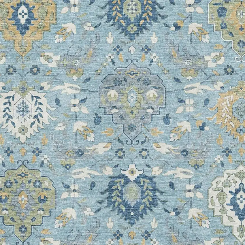 Sky Blue Gold And Gray Damask Washable Area Rug With UV Protection Photo 2