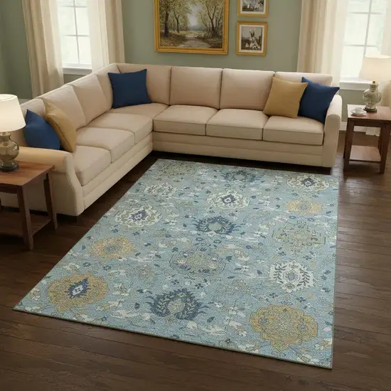 Sky Blue Gold And Gray Damask Washable Area Rug With UV Protection Photo 2