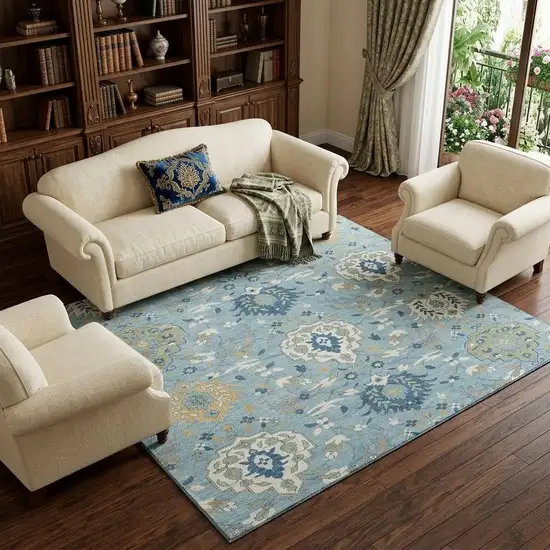 Sky Blue Gold And Gray Damask Washable Area Rug With UV Protection Photo 1