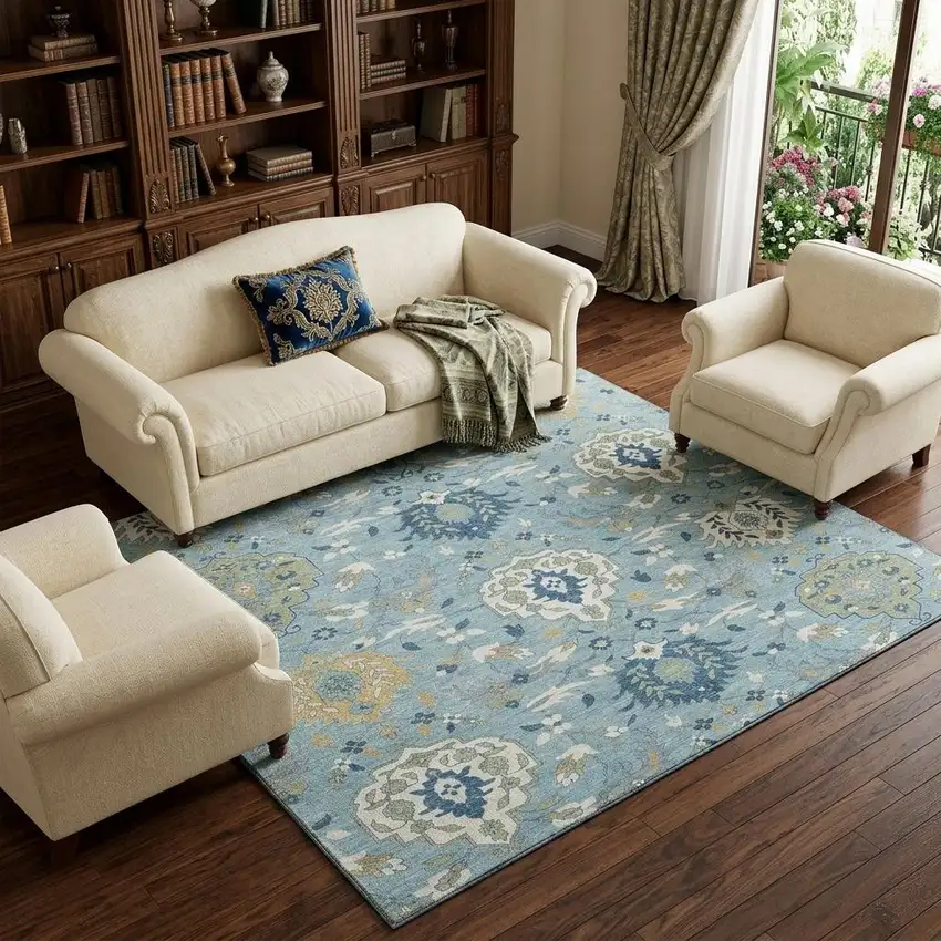 Sky Blue Gold And Gray Damask Washable Area Rug With UV Protection Photo 1