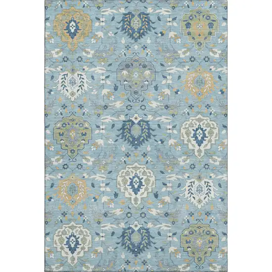 Sky Blue Gold And Gray Damask Washable Area Rug With UV Protection Photo 1