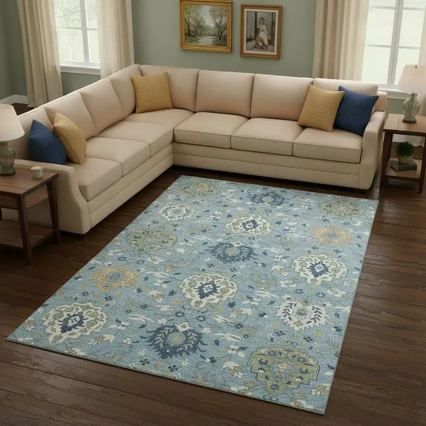 Sky Blue Gold And Gray Damask Washable Area Rug With UV Protection Photo 2