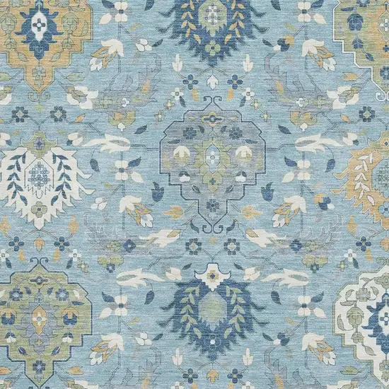 Sky Blue Gold And Gray Damask Washable Area Rug With UV Protection Photo 2