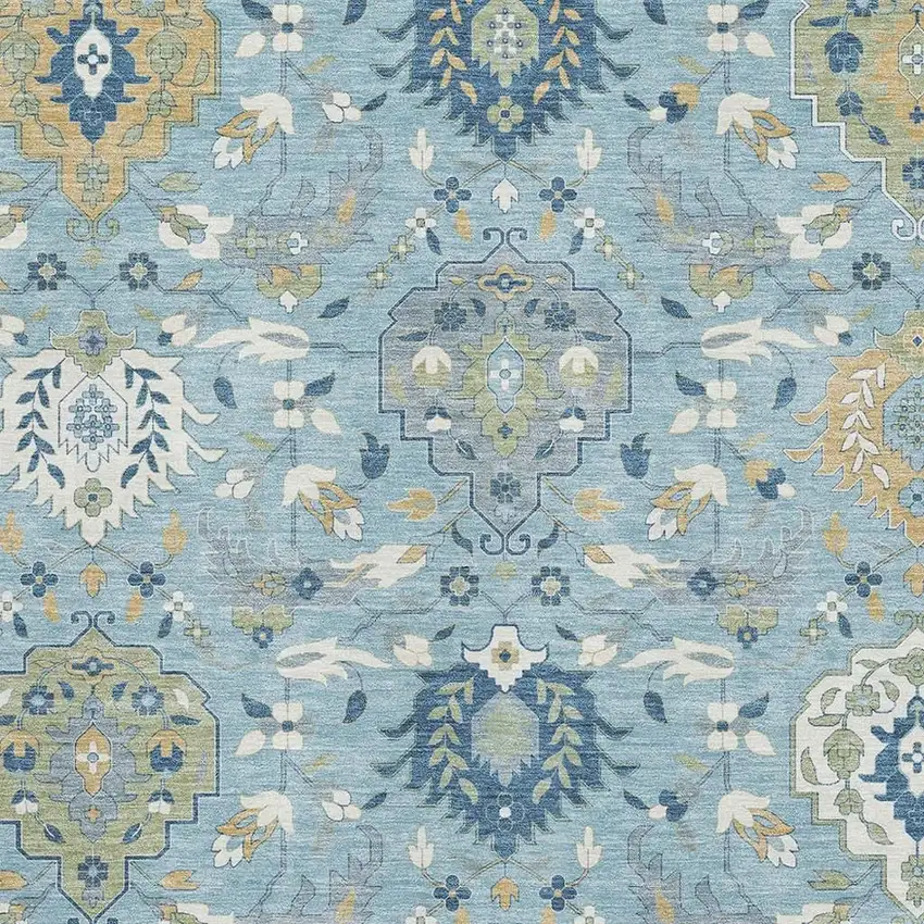Sky Blue Gold And Gray Damask Washable Area Rug With UV Protection Photo 2