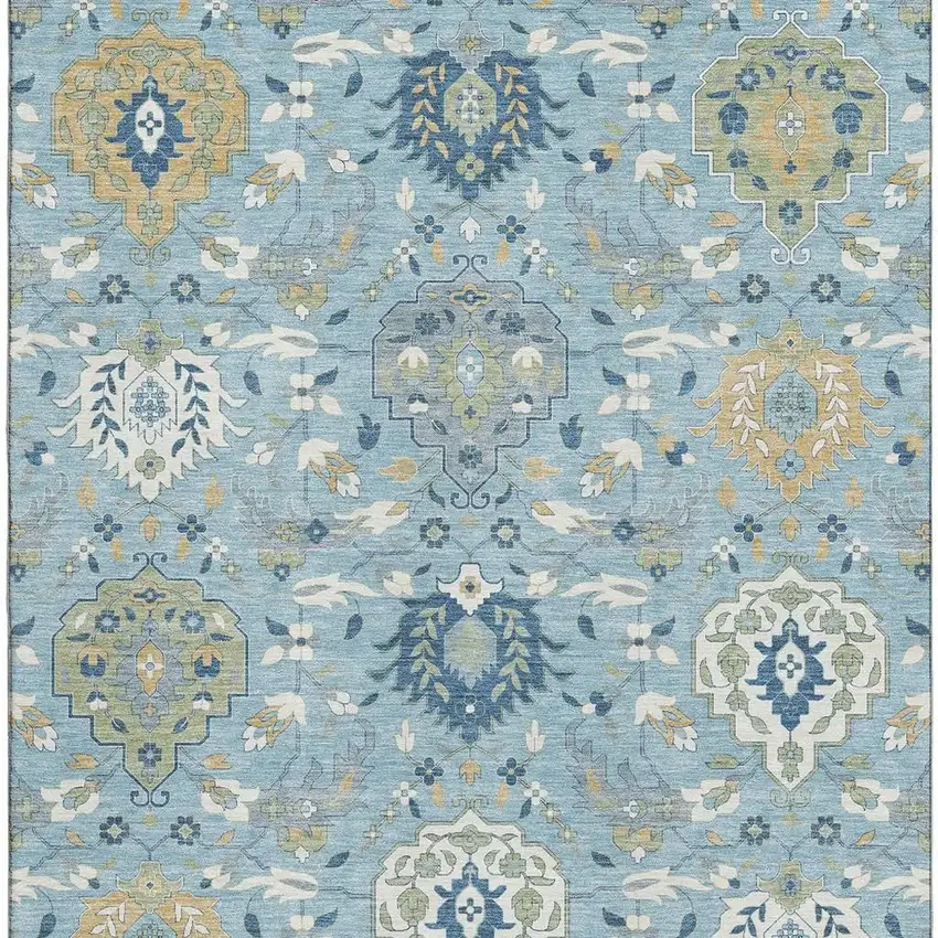Sky Blue Gold And Gray Damask Washable Area Rug With UV Protection Photo 3