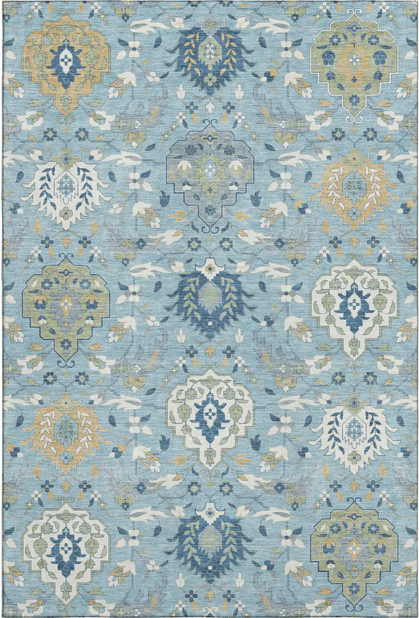 Sky Blue Gold And Gray Damask Washable Area Rug With UV Protection Photo 1