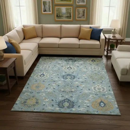 Sky Blue Gold And Gray Damask Washable Area Rug With UV Protection Photo 2