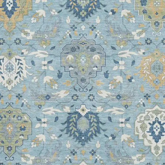 Sky Blue Gold And Gray Damask Washable Area Rug With UV Protection Photo 2