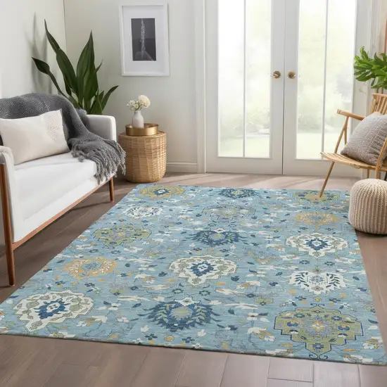 Sky Blue Gold And Gray Damask Washable Area Rug With UV Protection Photo 6