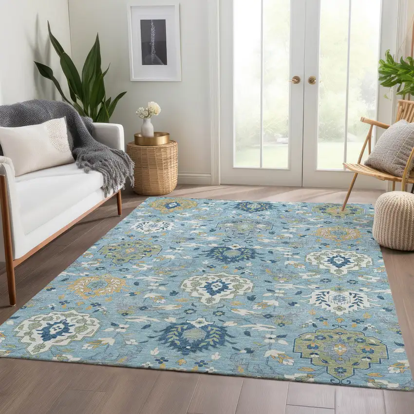 Sky Blue Gold And Gray Damask Washable Area Rug With UV Protection Photo 6