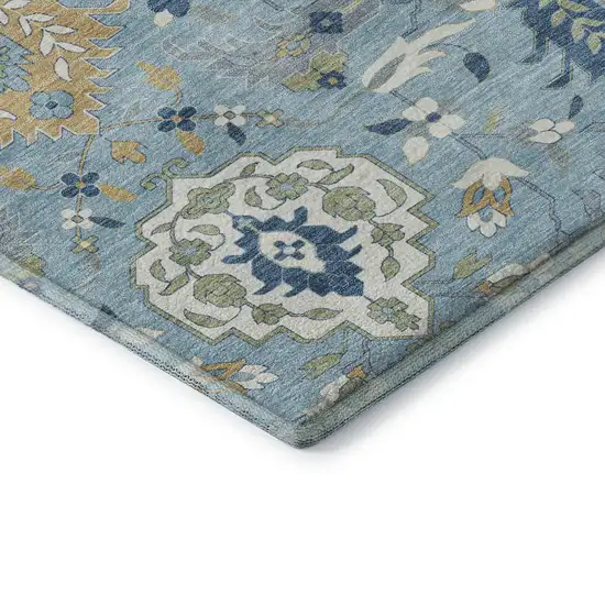 Sky Blue Gold And Gray Damask Washable Area Rug With UV Protection Photo 7