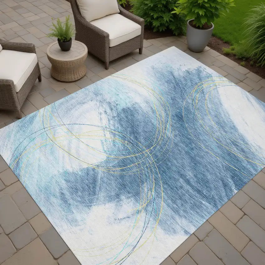 Sky Blue Gold And Ivory Abstract Washable Indoor Outdoor Area Rug Photo 5