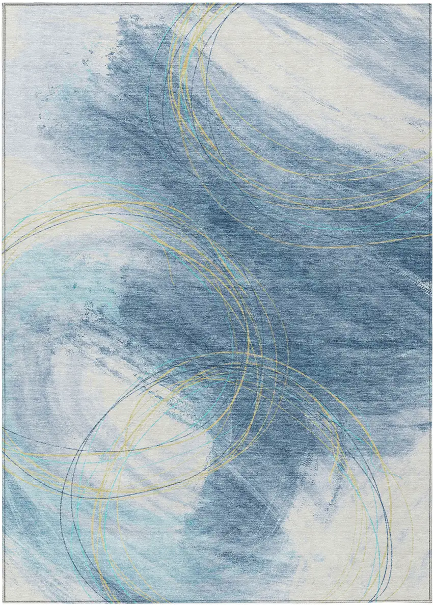 Sky Blue Gold And Ivory Abstract Washable Indoor Outdoor Area Rug Photo 7