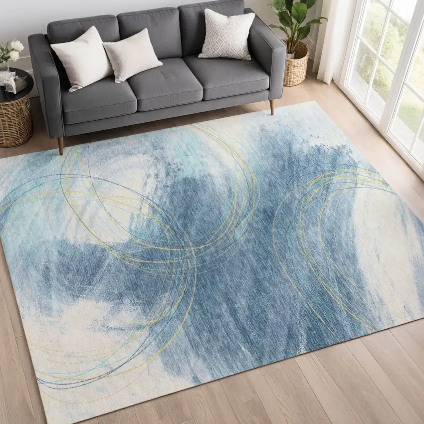 Sky Blue Gold And Ivory Abstract Washable Indoor Outdoor Area Rug Photo 4