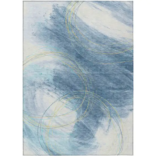 Sky Blue Gold And Ivory Abstract Washable Indoor Outdoor Area Rug Photo 8