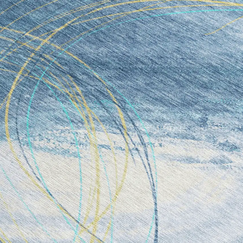 Sky Blue Gold And Ivory Abstract Washable Indoor Outdoor Area Rug Photo 2