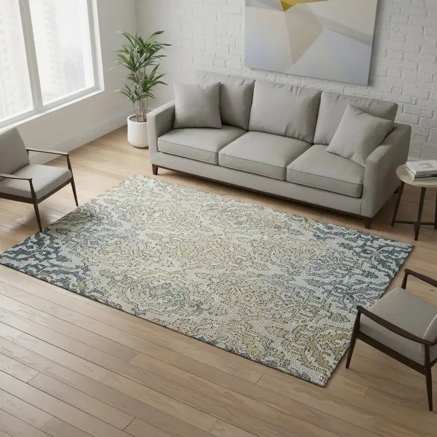 Sky Blue Gold And Ivory Medallion Washable Area Rug With UV Protection Photo 1