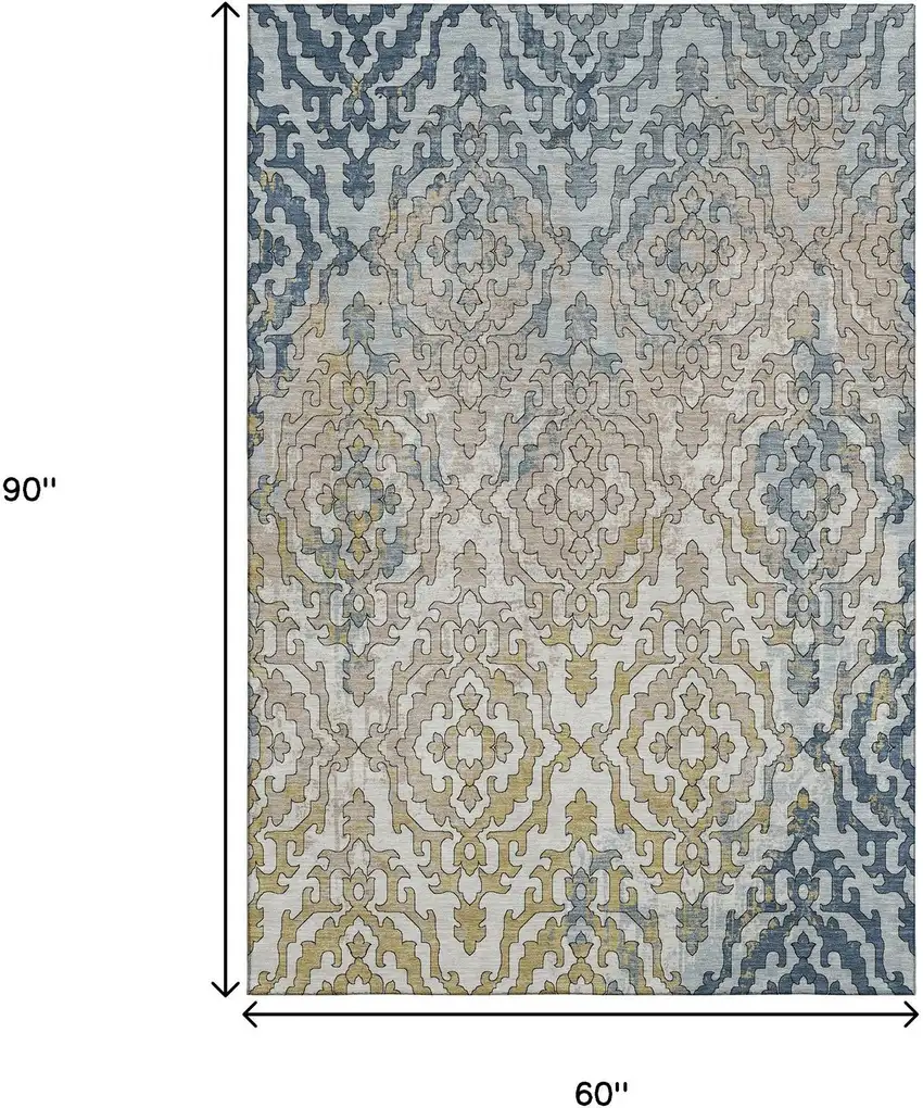 Sky Blue Gold And Ivory Medallion Washable Area Rug With UV Protection Photo 3