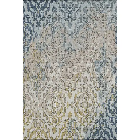 Sky Blue Gold And Ivory Medallion Washable Area Rug With UV Protection Photo 2