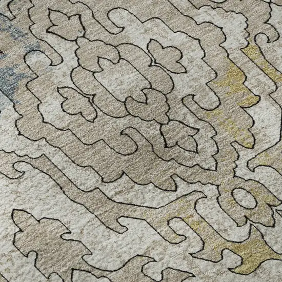 Sky Blue Gold And Ivory Medallion Washable Area Rug With UV Protection Photo 9