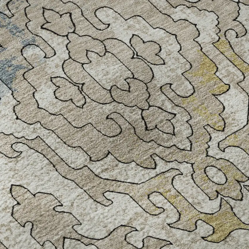 Sky Blue Gold And Ivory Medallion Washable Area Rug With UV Protection Photo 9