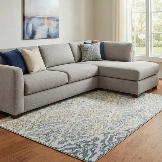 Sky Blue Gold And Ivory Medallion Washable Area Rug With UV Protection Photo 1