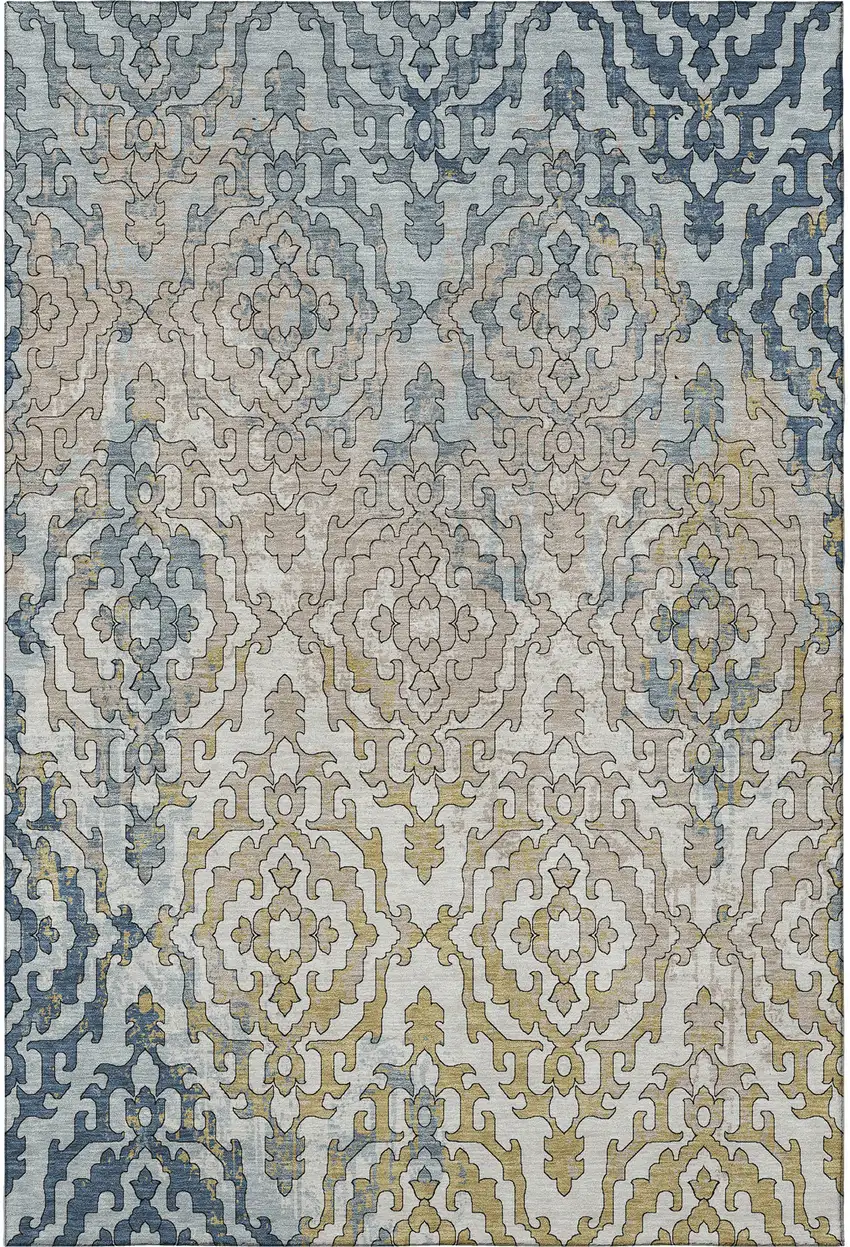 Sky Blue Gold And Ivory Medallion Washable Area Rug With UV Protection Photo 5