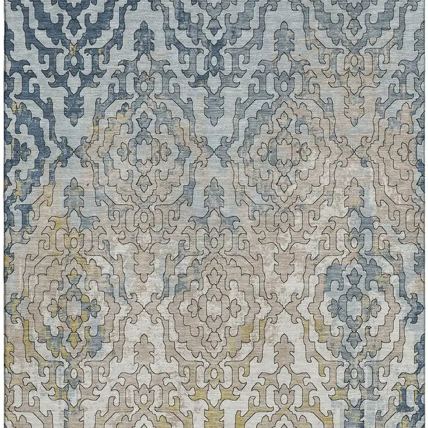 Sky Blue Gold And Ivory Medallion Washable Area Rug With UV Protection Photo 4