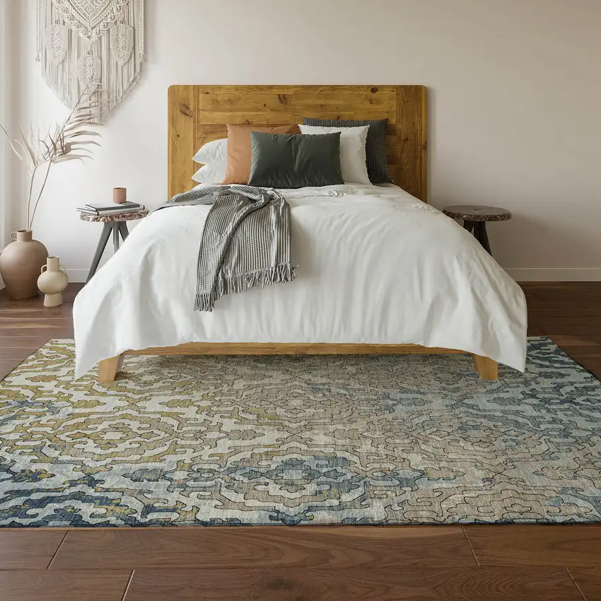 Sky Blue Gold And Ivory Medallion Washable Area Rug With UV Protection Photo 7