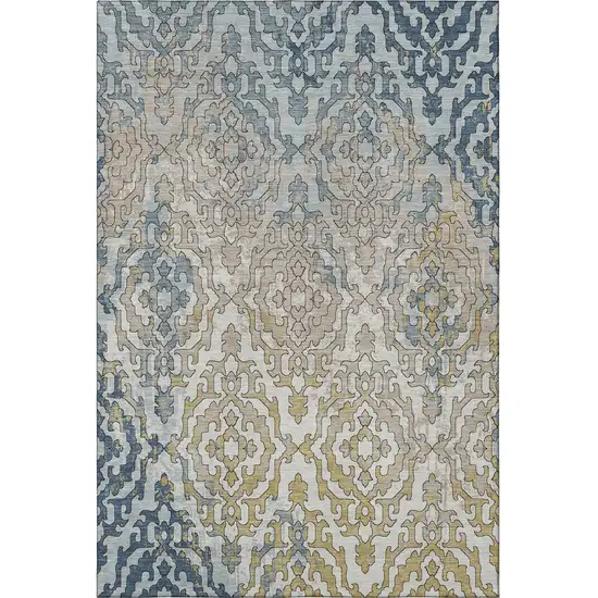 Sky Blue Gold And Ivory Medallion Washable Area Rug With UV Protection Photo 4