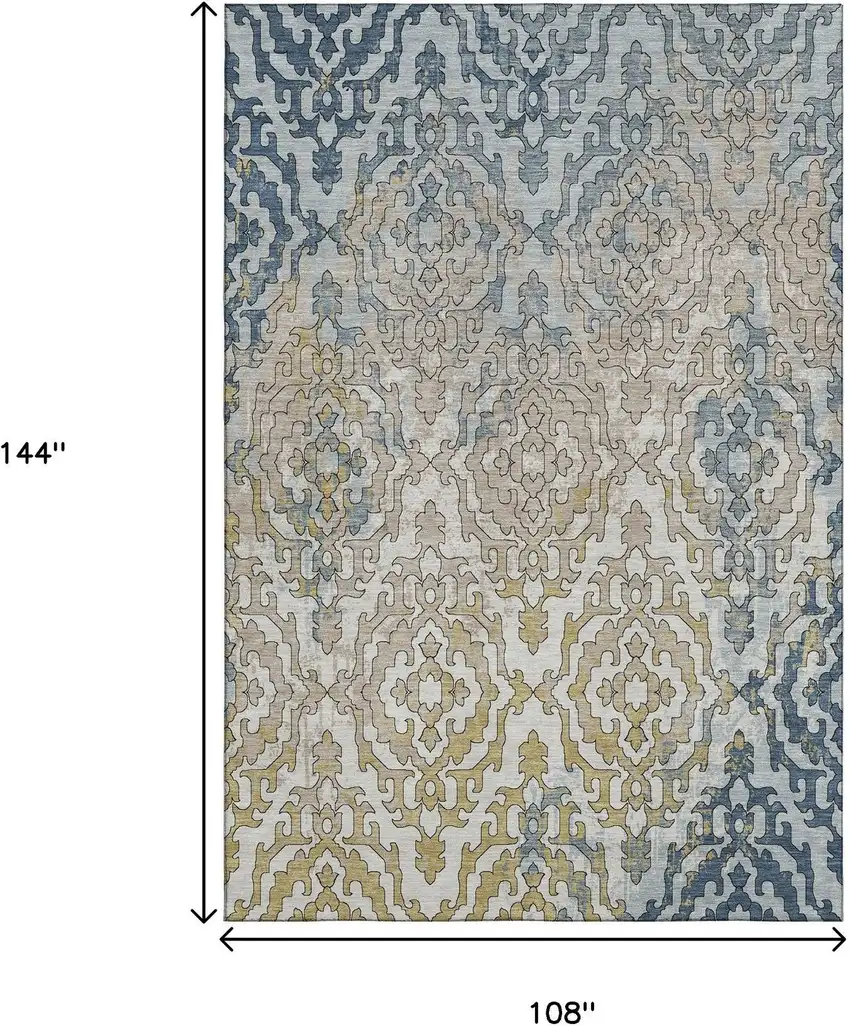 Sky Blue Gold And Ivory Medallion Washable Area Rug With UV Protection Photo 3