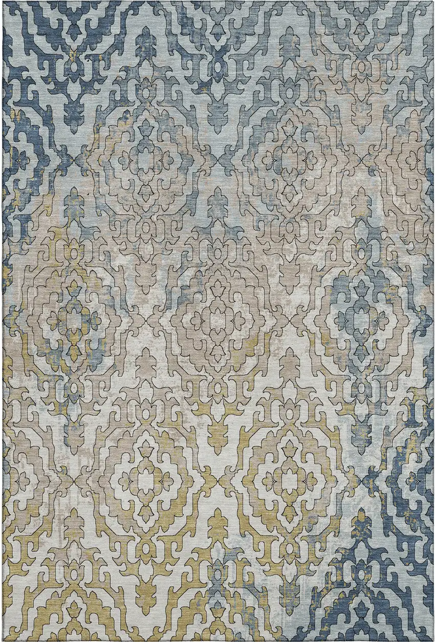 Sky Blue Gold And Ivory Medallion Washable Area Rug With UV Protection Photo 2