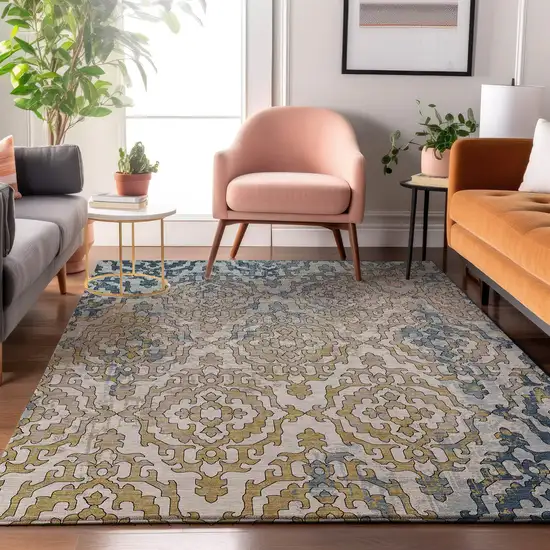 Sky Blue Gold And Ivory Medallion Washable Area Rug With UV Protection Photo 6