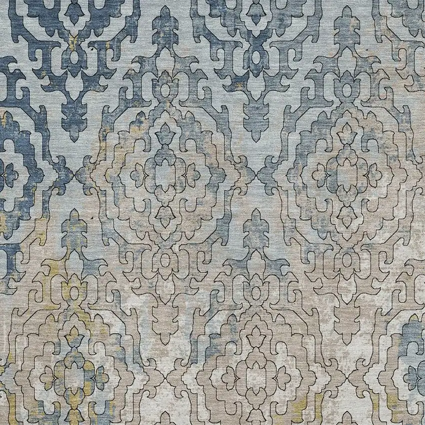 Sky Blue Gold And Ivory Medallion Washable Area Rug With UV Protection Photo 4