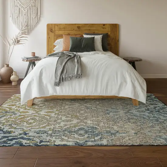 Sky Blue Gold And Ivory Medallion Washable Area Rug With UV Protection Photo 7